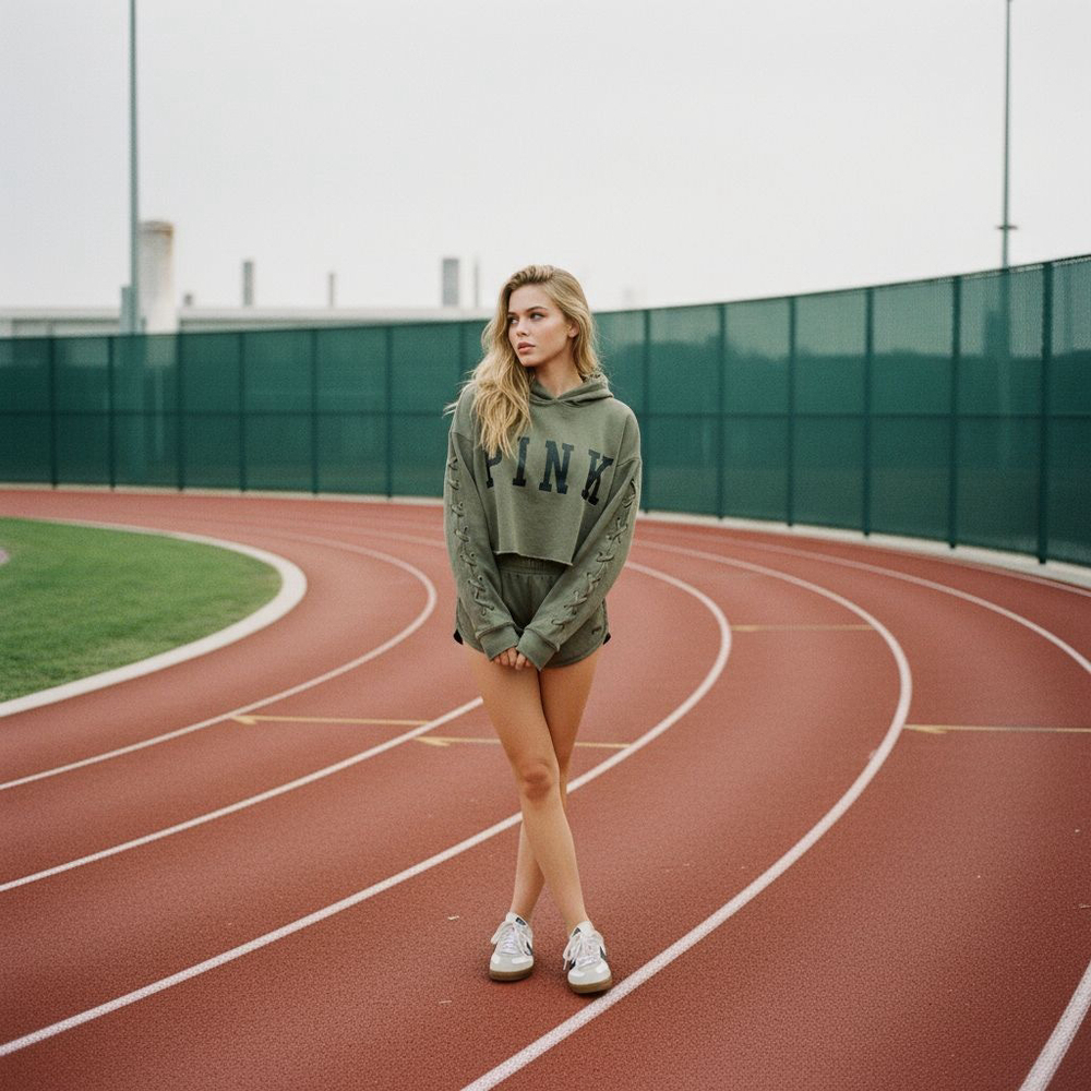 Women's PINK Victoria's Secret Olive Green Cropped Hoodie XS